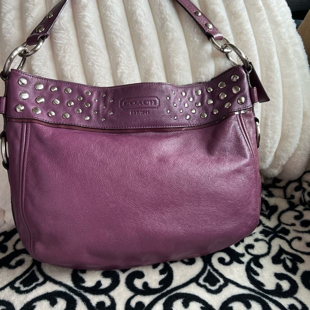Coach Zoe Purple Leather Hobo Bag with Studded Accents